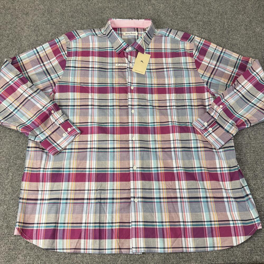 Tommy Bahama Shirt Mens 3XLT Multicolor Plaid Silk Blend Stretch Long Sleeve